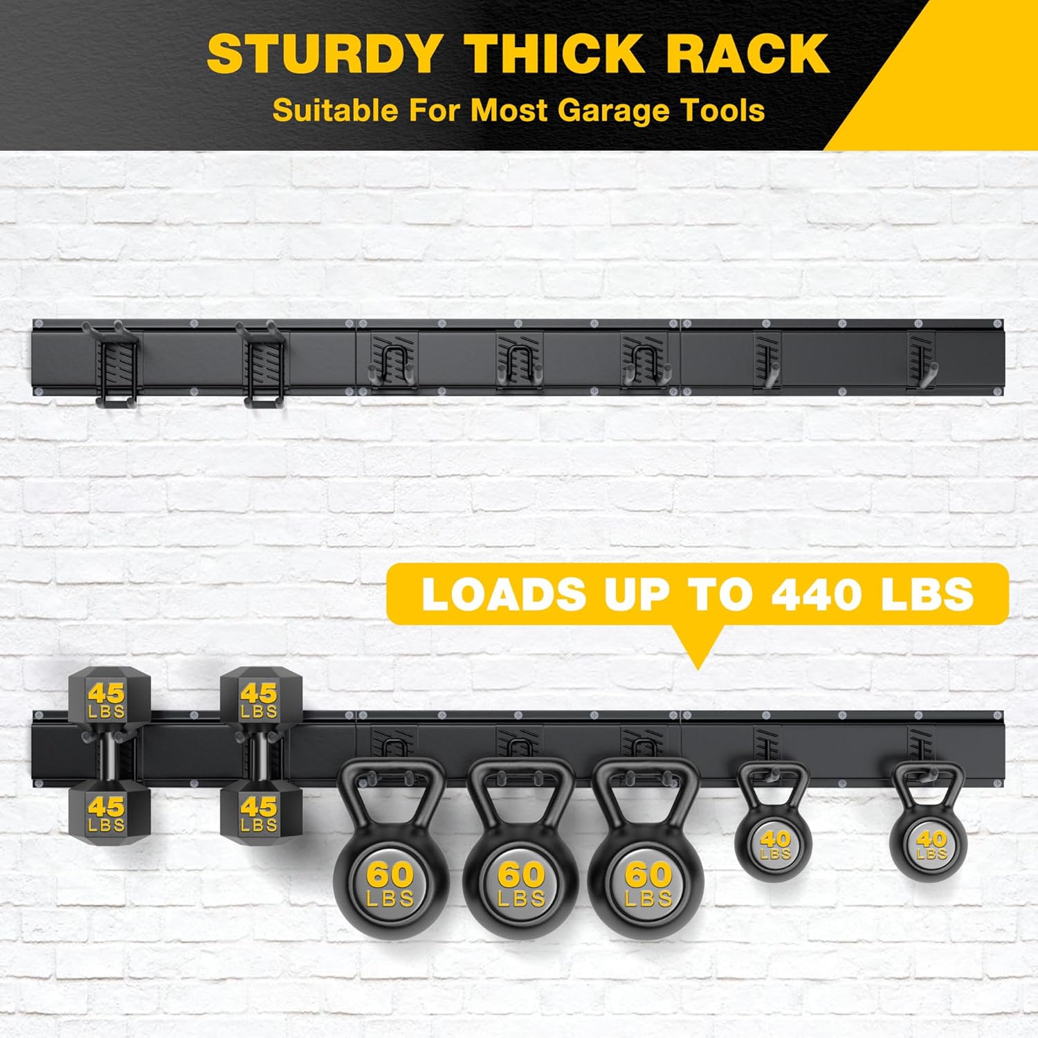 Garage Tool Organizer Wall Mount with 48 inches Rails and 7 Adjustable Heavy-Duty Hooks, Garden Tool Organizer, 10 Pack Carries 440 lbs, Heavy Duty Garage Storage Rack For Yard, Shed, Easy to install