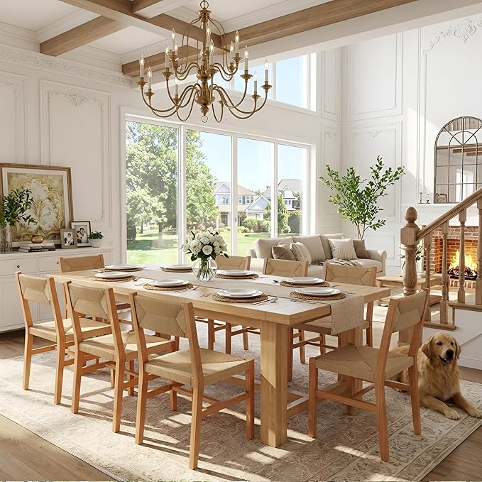 Mid Century Modern Rattan Dining Chairs Set of 6, Natural Beechwood Kitchen Chairs Farmhouse Woven Dining Room Chairs, Armless Boho Cane Wicker Chair Wooden Dining Chairs with Weave Hemp Seat and Back