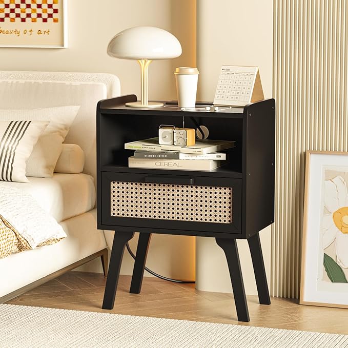 Lerliuo Rattan Nightstands Set of 2 with Charging Station, Black Bedside Tabl...