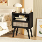 Lerliuo Rattan Nightstand with Charging Station, Black Bedside Table with Drawer Open Shelf, Cane Accent Side End Table with Solid Wood Legs, Night Stand for Bedroom, Dorm and Small Spaces