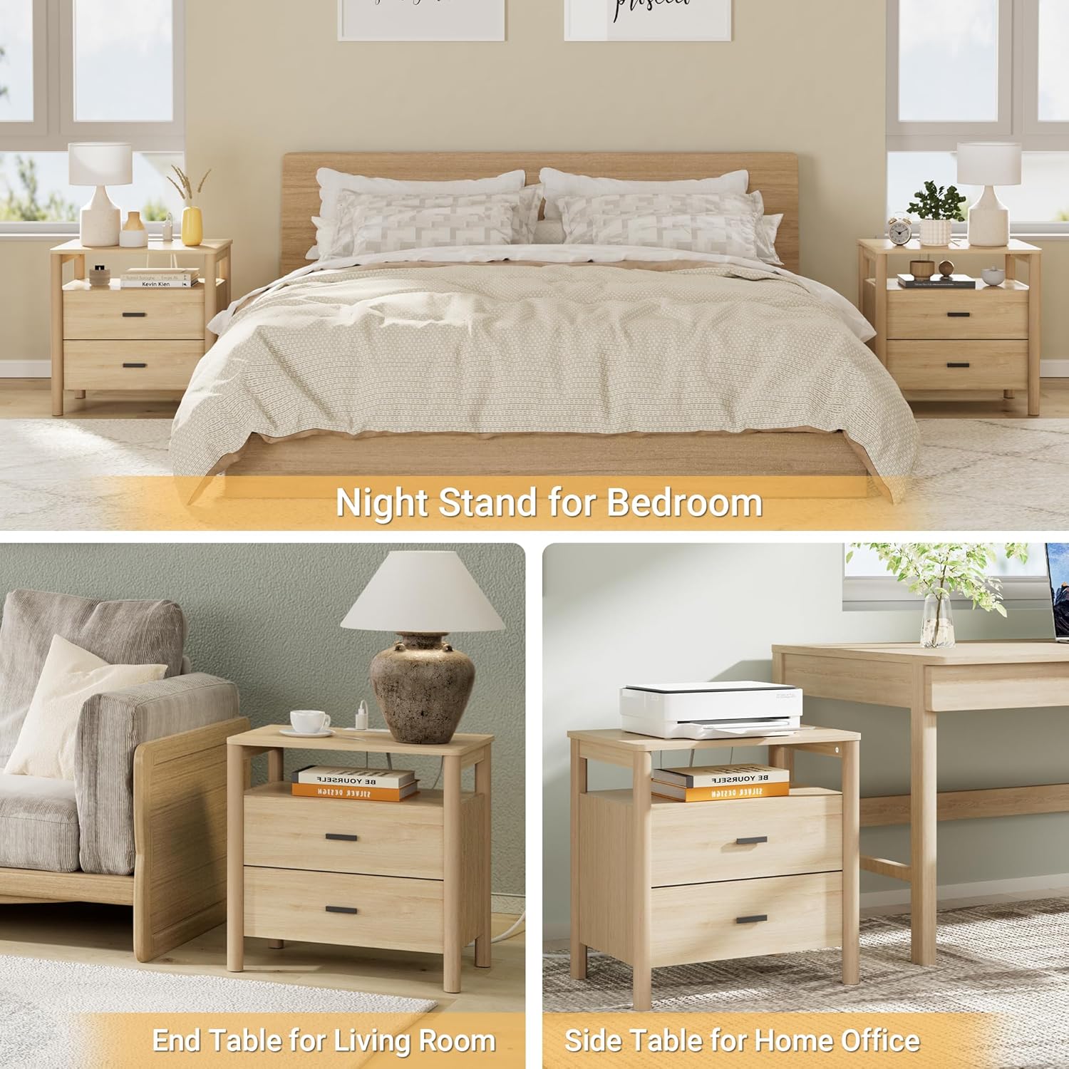 Night Stand Set of 2 with Charging Station, 24" Large Modern Side Table with Solid Round Post Legs, 2 Drawers End Table with Open Shelf, Nightstand for Bedroom, Natural Oak