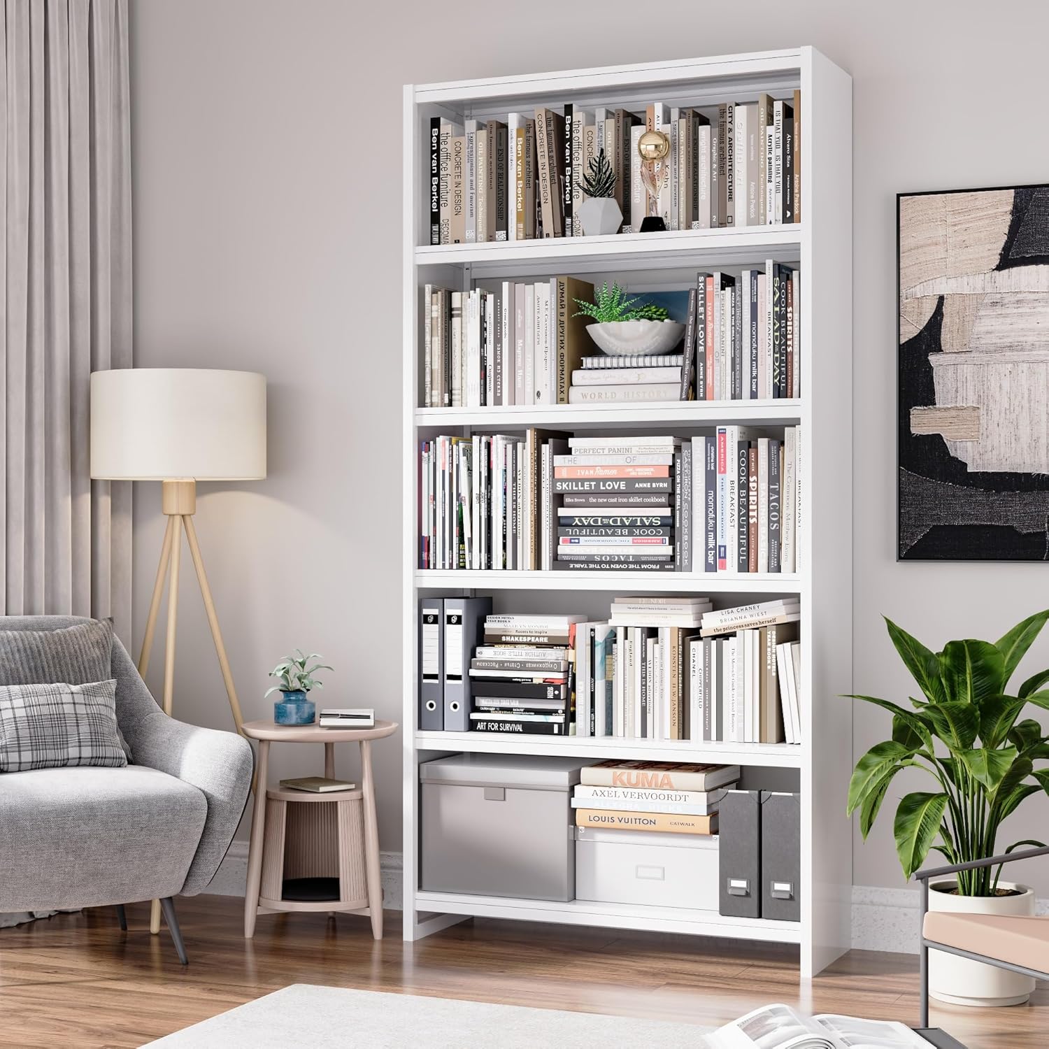 69" Tall Bookcase, 5-Tier Wide Bookshelf, Library Book Case with Display Shelf, Lightweight Metal Bookshelves, Industrial Book Shelf for Home, Office, Library, and School (White)