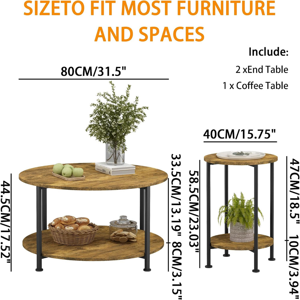 3 Piece Coffee Table Set, Round Coffee and 2 End Tables Rustic Brown | Round ...