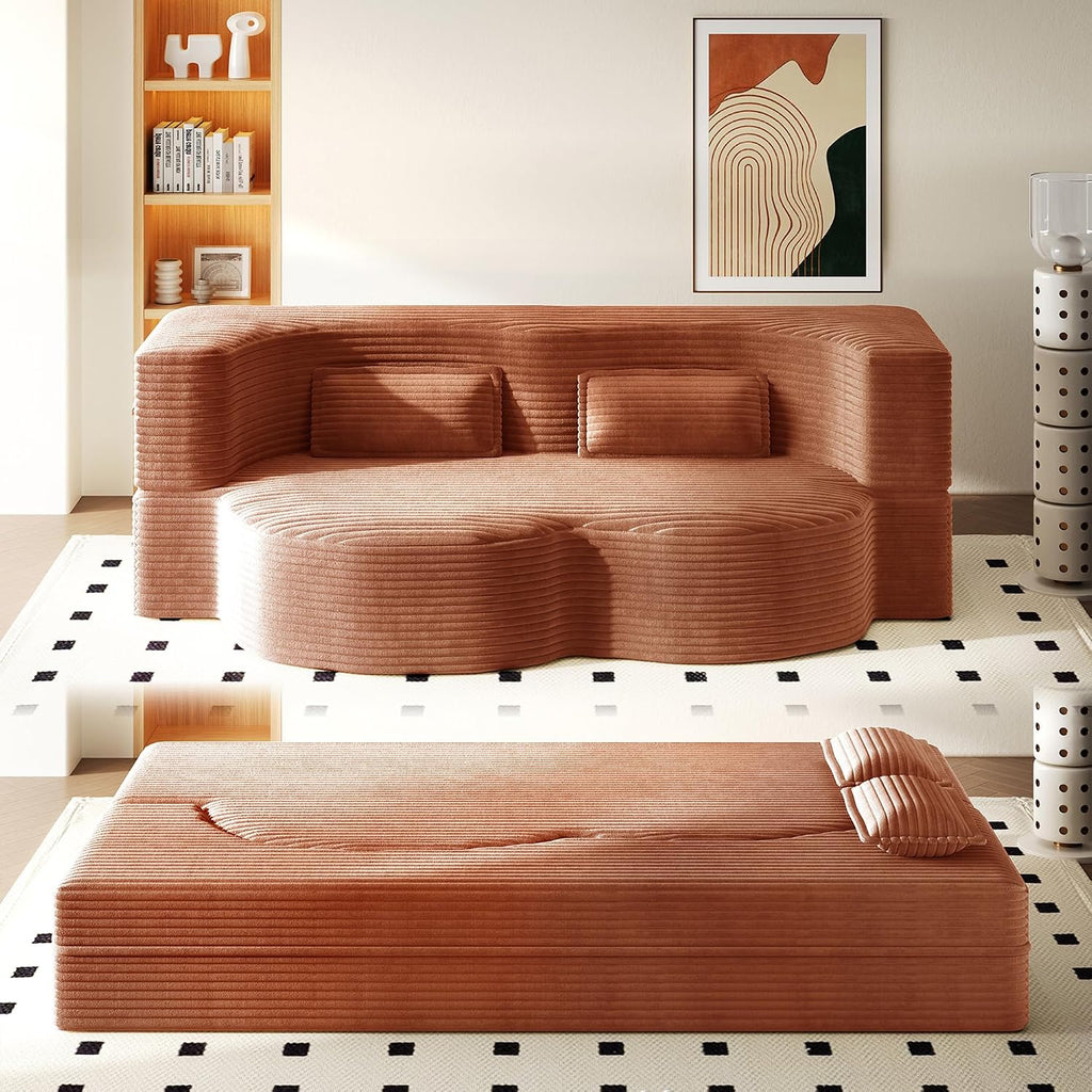Convertible Folding Sofa Bed, 2-in-1 Full Size Floor Boneless Couch Bed, Loveseat sleeper Couch , Corduroy Floor Sofa, Memory Foam Sleeper SofaBed, Small couches for small spaces, No Assembly, Orange