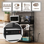 Kitchen Bakers Rack with Baskets and Power Outlet,5-Tier Kitchen Utility Storage Shelf with Hooks, Microwave Oven Stand Rack,Vintage Grey Free Standing Kitchen Shelf