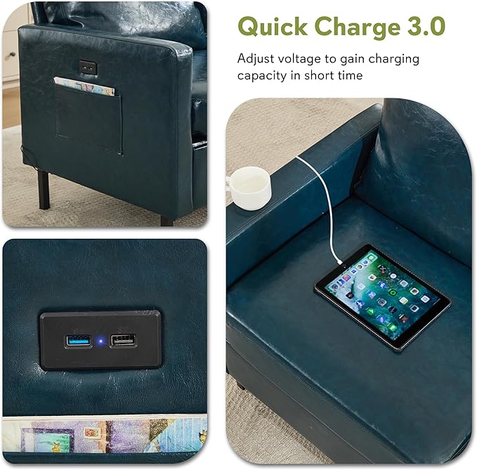 STHOUYN 57" W Faux Leather Loveseat w/ 2 USB, Small Loveseat Sofa w/Side Pockets, Wooden Frame Small Couch w/Metal Legs, Office Mini Couch for Dorm, Bedroom, Apartment (Blue, 2 Seater)