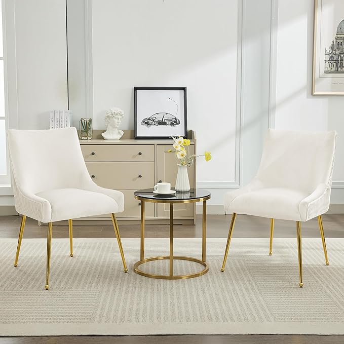 Velvet Dining Chairs Set of 4 Gold Legs,Upholstered Velvet Accent Chairs, Pleated Back Design & Gold Pull Handle, Mid Century Modern Chairs for Dining/Kitchen/Living Room,Beige