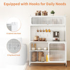 Rolling Kitchen Pantry Cabinet with 2 Glass Doors & Adjustable Shelves, Freestanding Metal Storage Credenza Organizer Utility Cupboard for Pantry, Kitchen, Bathroom,White