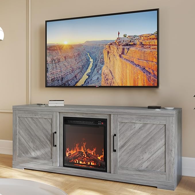 BELLEZE Modern 58" Farmhouse TV Stand with 18" Electric Fireplace Heater & Media Entertainment Center for TV up to 65", Console Table with Storage Cabinets - Hilo (Grey Wash)