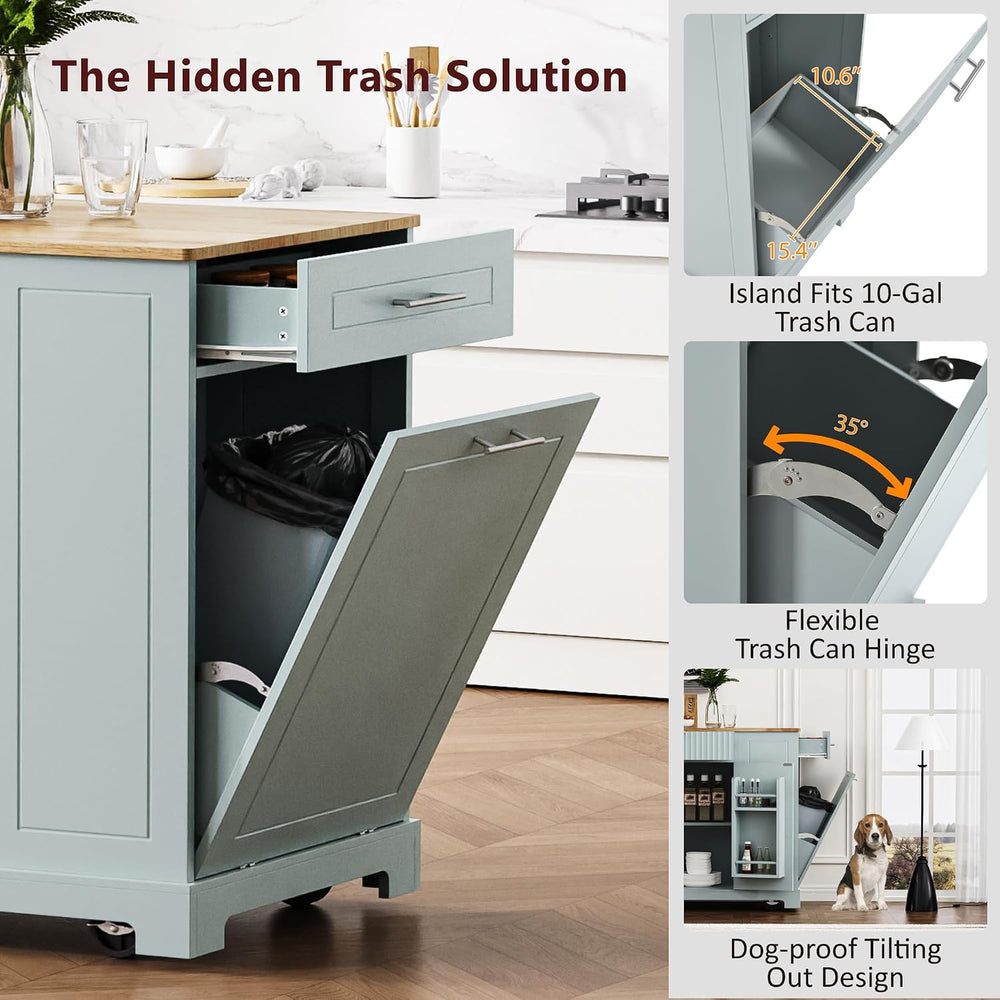 Kitchen Island with Trash Can Storage Cabinet and Power Outlet, Rolling Kitch...