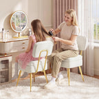 MALOL Velvet Makeup Vanity Chair with Storage and Back, Cute No Wheels Vanity Stool Ottoman with Golden Metal Legs for Bedroom Dressing Closet, Beige