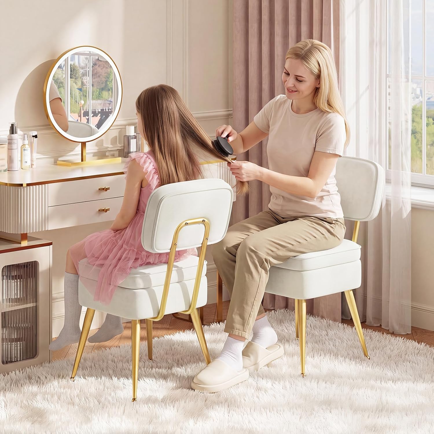 MALOL Velvet Makeup Vanity Chair with Storage and Back, Cute No Wheels Vanity Stool Ottoman with Golden Metal Legs for Bedroom Dressing Closet, Beige