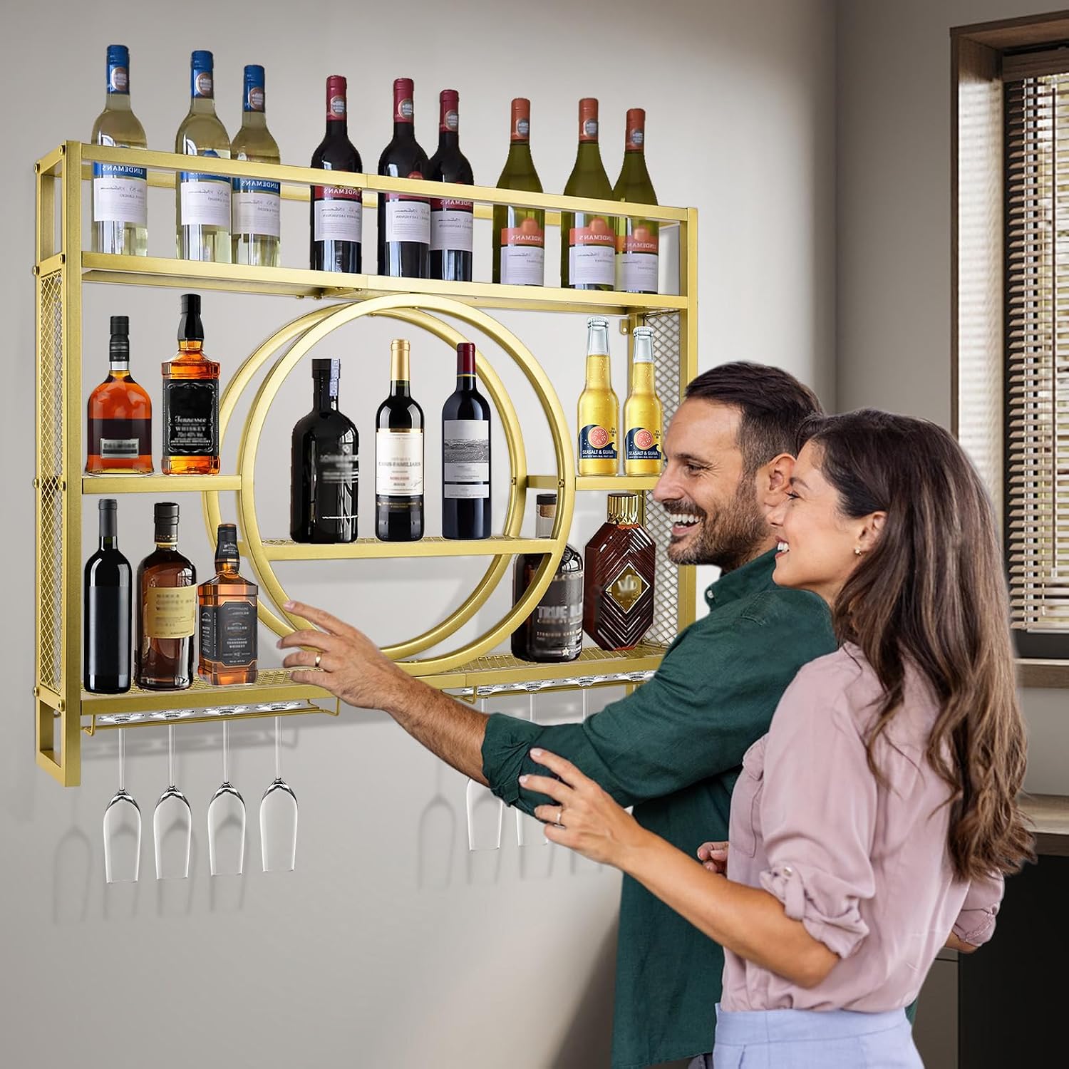 39in Wine Rack Wall Mounted, 3-Tier Metal Bar Shelves with Glass Holder | Modern Floating Bar Liquor Bottle Display Shelf Wall Mounted for Home Bar Kitchen Dining Room (Gold, 39in/100cm)