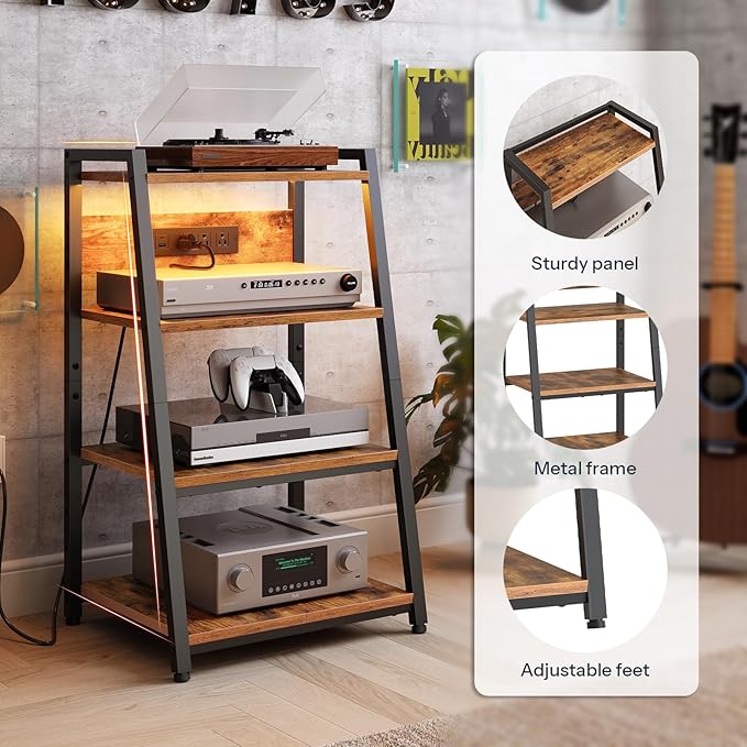HOOBRO 4-Tier AV Media Stand with Charging Station and LED Light, Wooden Stereo Cabinet, Audio Tower Rack, Corner TV Stand, Record Player, Entertainment Device, Rustic Brown and Black BF106UDCJ01