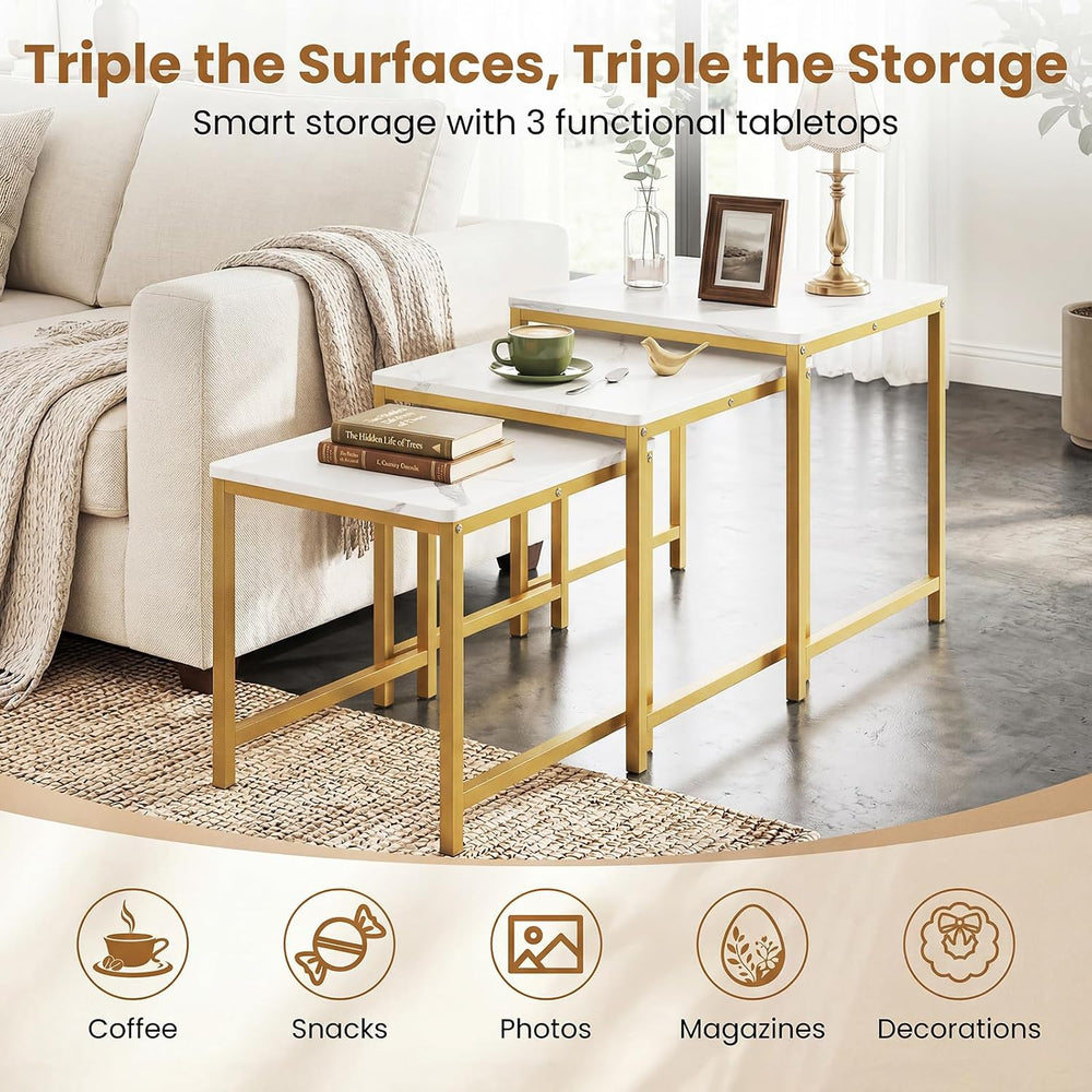 Giantex Nesting Coffee Table Set of 3, Small Center Tables, White | Faux Marb...