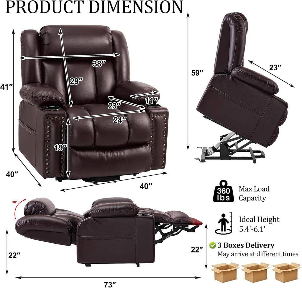 Triple Motor Large Power Lift Recliner Chair for Elderly with Heat and Massage, Lay Flat Lift Chairs for Seniors Infinite Position, Extended Footrest, USB Ports (Dark Brown)