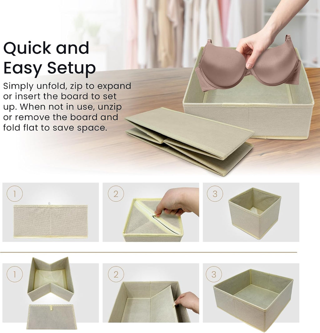 Reli. Drawer Organizers Clothes 14 Pack | Foldable Dresser Drawer Organizer | Beige Dresser Drawer Organizers | Fabric Drawer Dividers, Foldable Closet Storage Bins, Socks, Underwear, Ties, Bras, Nursery