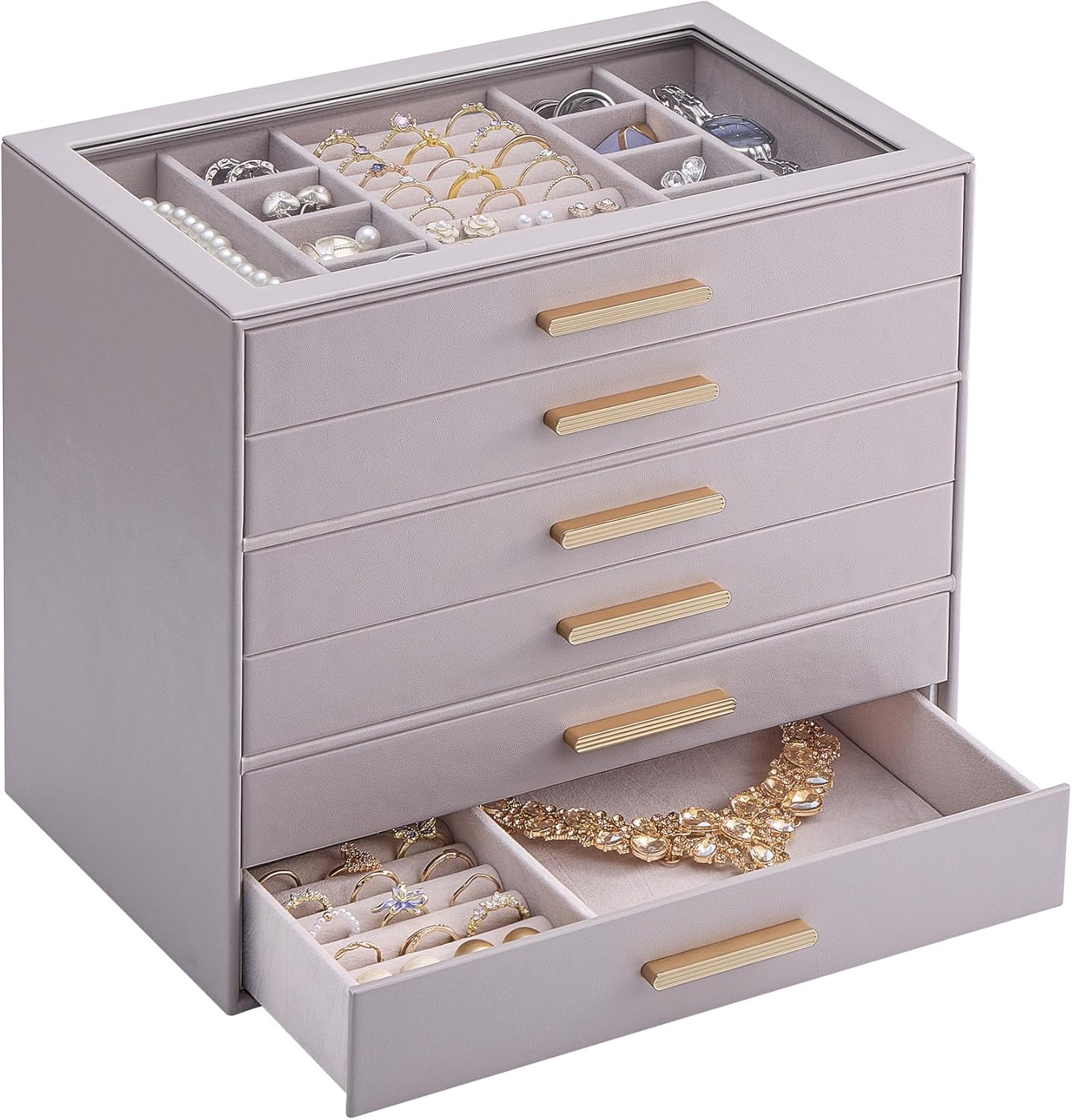 Lolalet Jewelry Box Organizer, 6-Layer Jewelry Organizers and Storage Case with Glass Lid, Ring Earring Bracelet Necklace Holder Organizer, Birthday Christmas Gifts for Women Girls -6Layer, HazePurple