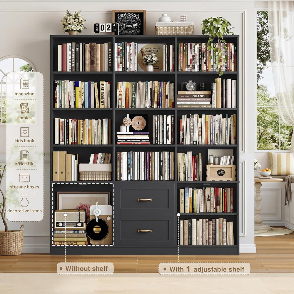 HOSTACK 71" Tall Triple Wide Bookshelf with Storage Drawers & Doors,...