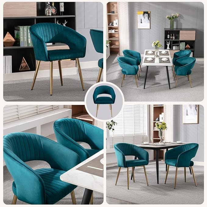 Teal Velvet Dining Chairs Gold Legs, Modern Dining Room Chairs with Arms Set of 2 Upholstered Accent Chair Armchair with Barrel Back for Kitchen Living Room