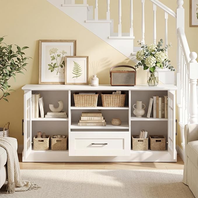 Giantex Farmhouse TV Stand for 65/70 Inch TV, Tall Entertainment Center with Storage Cabinets, Glass Doors, Drawer, Removable Shelves, Media TV Console Table for Living Room, Bedroom (White)