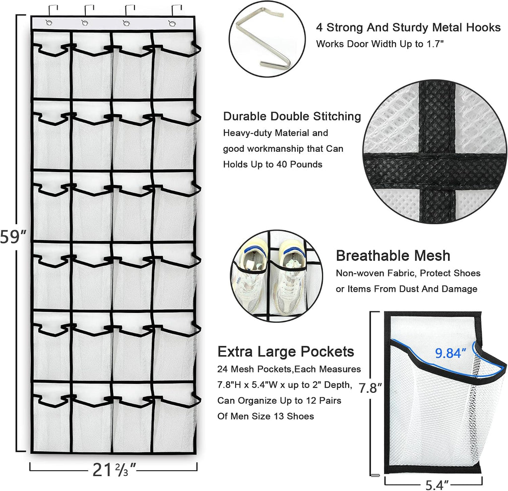 Over the Door Hanging Shoe Organizer with 24 Large Mesh Pockets - Shoes Holder/White