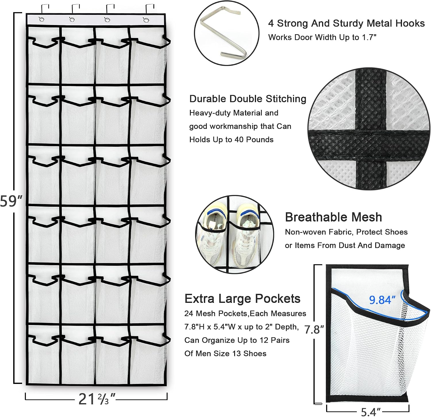 Over the Door Hanging Shoe Organizer with 24 Large Mesh Pockets - Shoes Holder/White