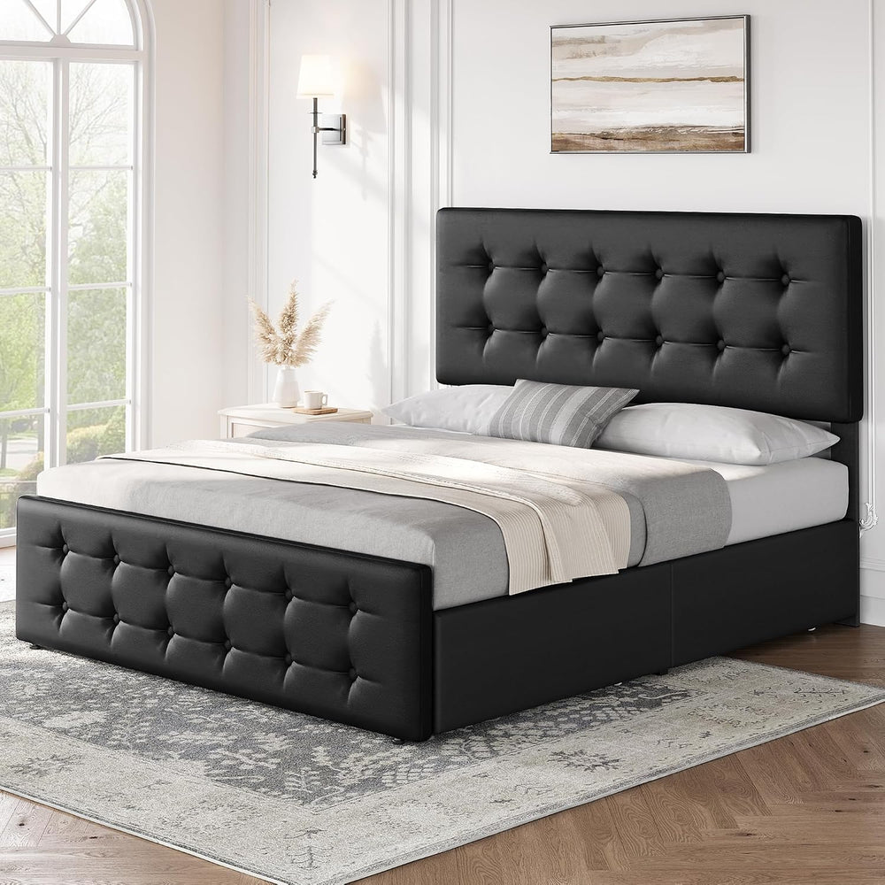 IDEALHOUSE Queen Size Bed Frame with 4 Storage Drawers and Headboard, Black