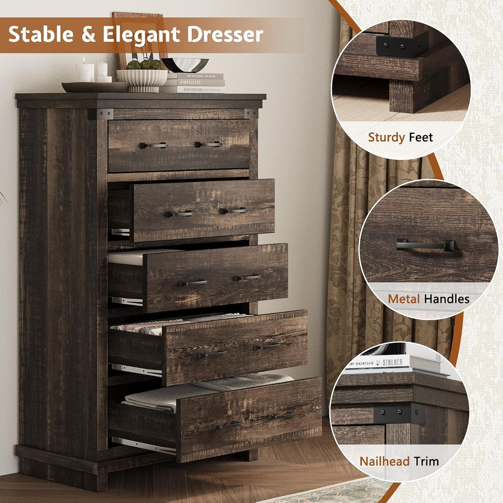 AMERLIFE 5 Pieces Farmhouse Bedroom Set, Includes Rustic King Bed Frame with ...
