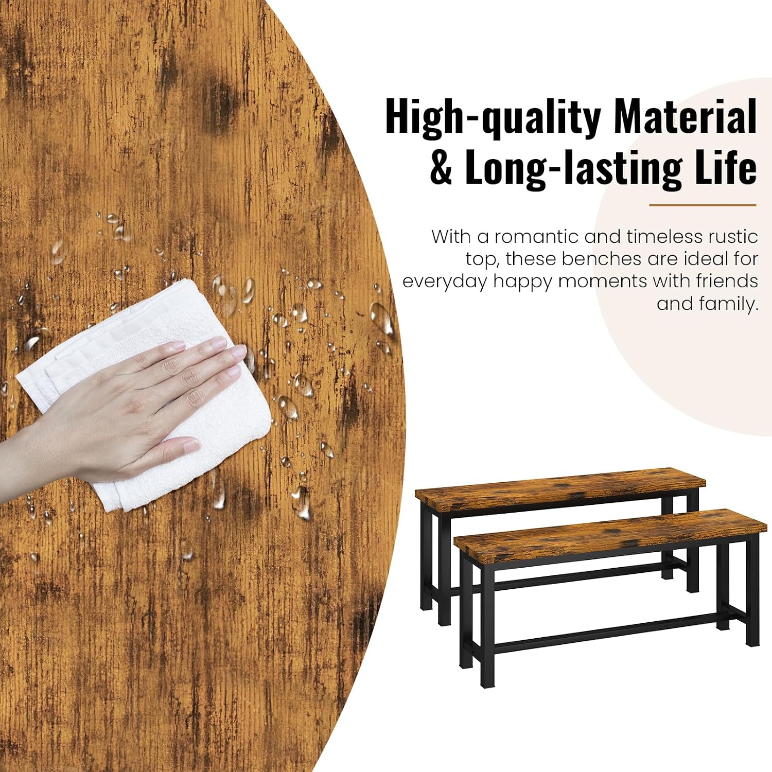AWQM Table Bench, Pair of 2, Dining Bench, Thickened Steel Frame, Wood Bench, Industrial Style, for Kitchen and Dining Room, 12''Dx38.5''Wx17''H, Rustic Brown