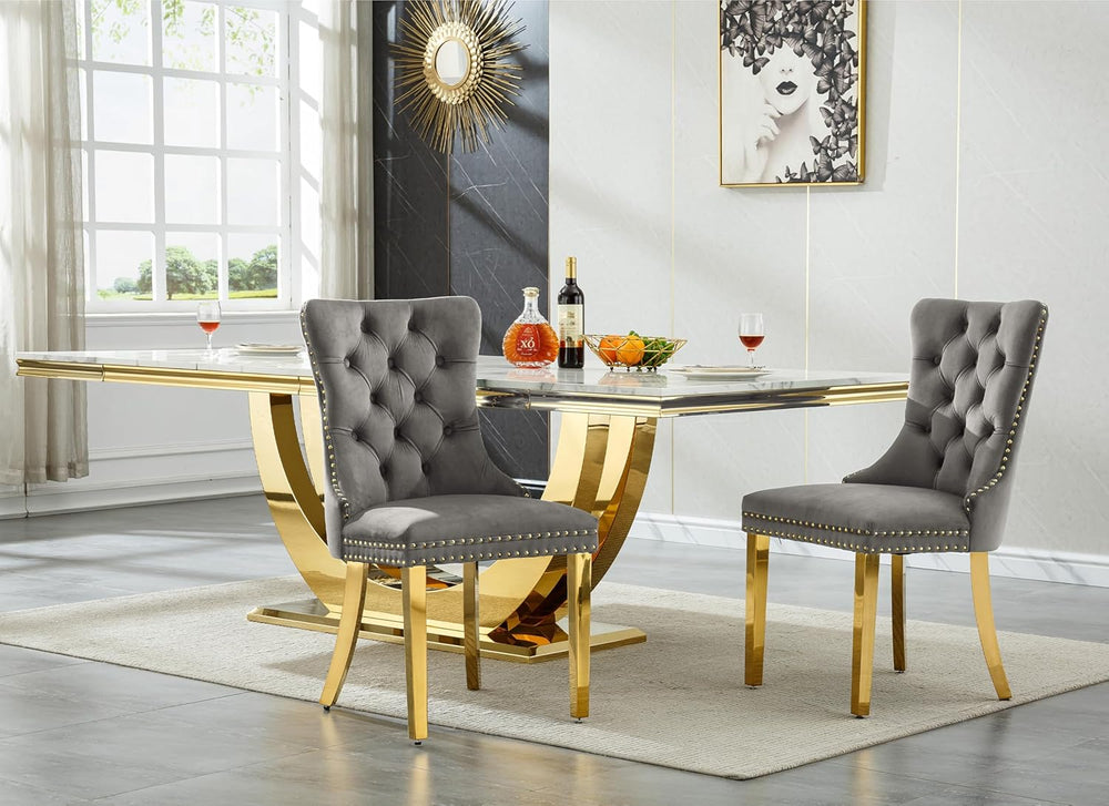 68" Marble Dining Table Set for 6, Luxury White Gold Kitchen Table with ...