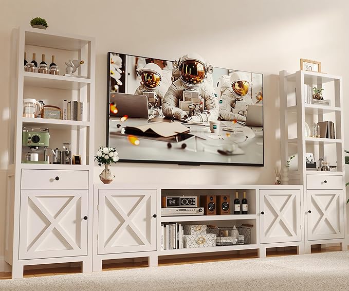 94" W Entertainment Center with Bookshelves & Storage, Large Wall Unit TV Stand for TVs up to 70", Modern White Wood Media Console with Power Hub for Living Room (White)