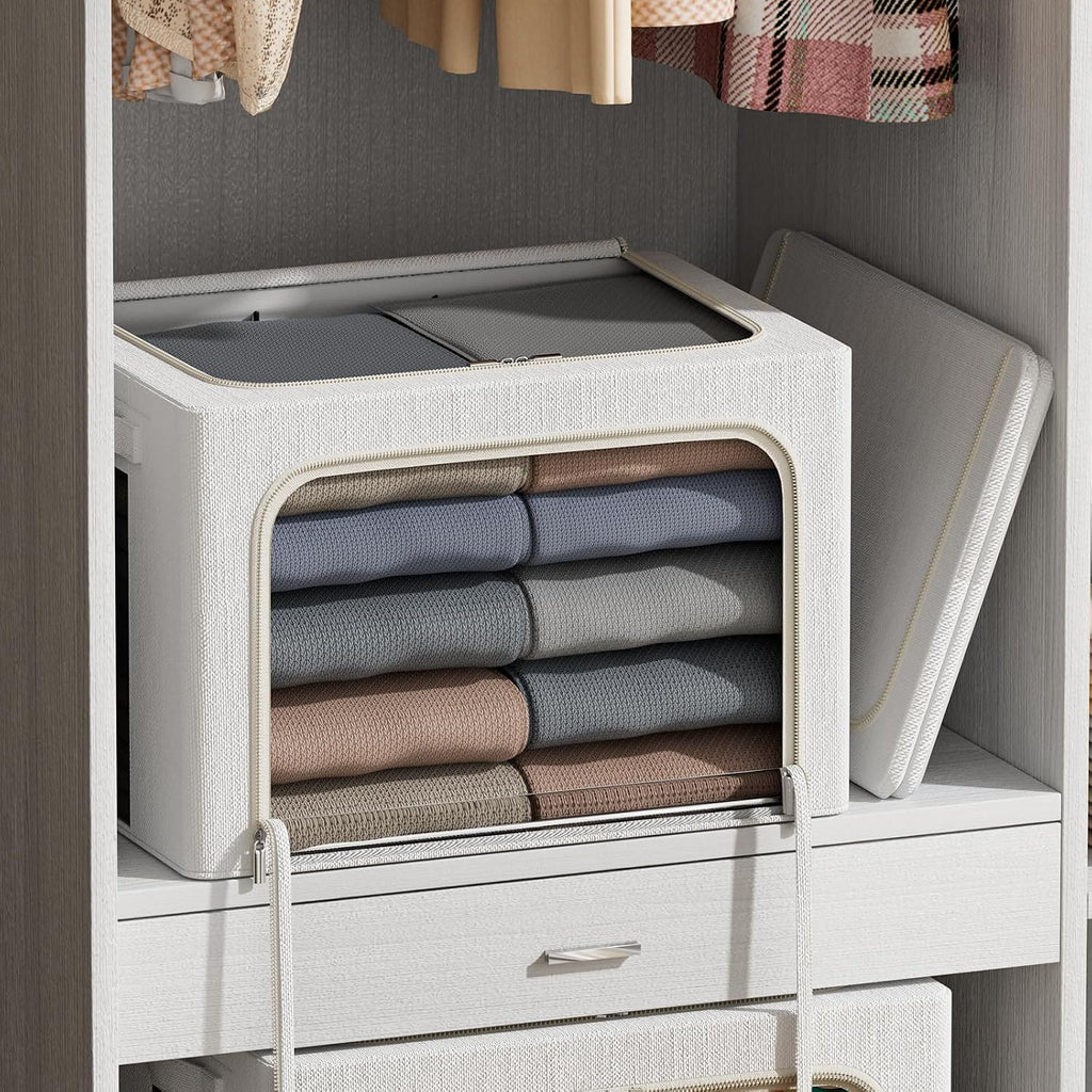 FHSQX 6 Pack Clothes Storage Bins,Ivory White, 16.5x12.2x12.2inch (40L) | ‎Portable, Large Clear Window, Stackable, Durable Handles, Foldable