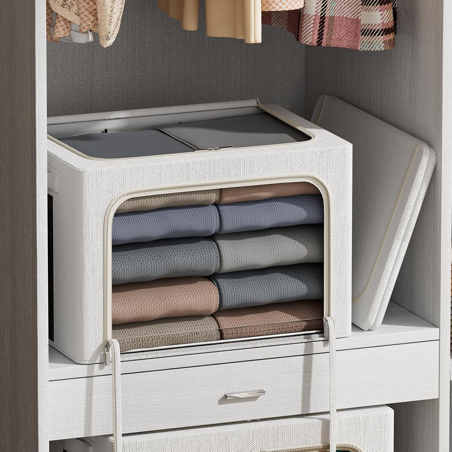 FHSQX 6 Pack Clothes Storage Bins,Ivory White, 16.5x12.2x12.2inch (40L) | ‎Portable, Large Clear Window, Stackable, Durable Handles, Foldable