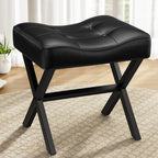 Memobarco 18-Inch Large Leather Vanity Stool Chair, Black Makeup Stool | Vanity Bench, Metal X-Leg, 350 LBS, 20"x16.9"x18", Ottoman Accent Stool, Thick Padded Saddle Seat, For Living Room Bedroom