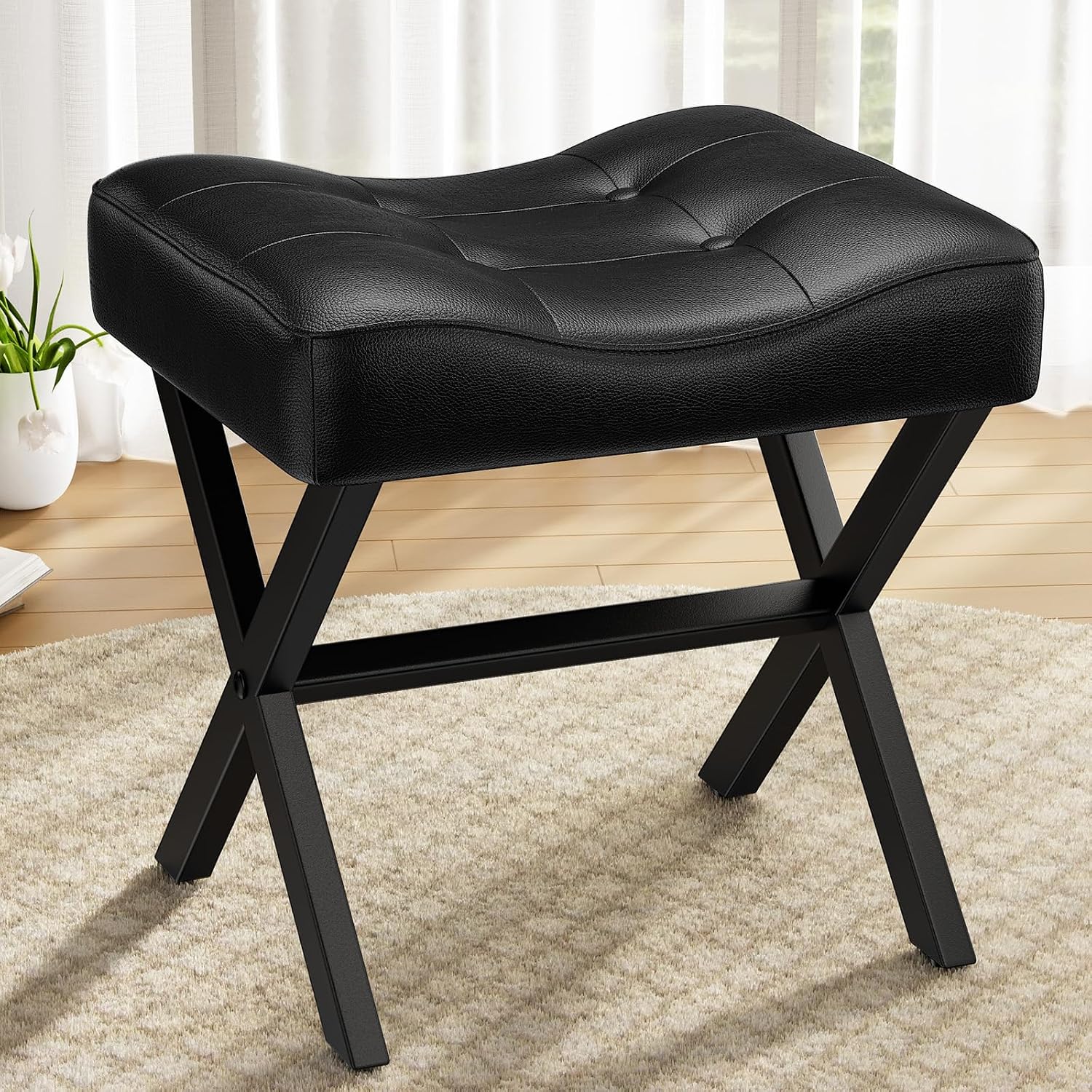Memobarco 18-Inch Large Leather Vanity Stool Chair, Black Makeup Stool | Vanity Bench, Metal X-Leg, 350 LBS, 20"x16.9"x18", Ottoman Accent Stool, Thick Padded Saddle Seat, For Living Room Bedroom