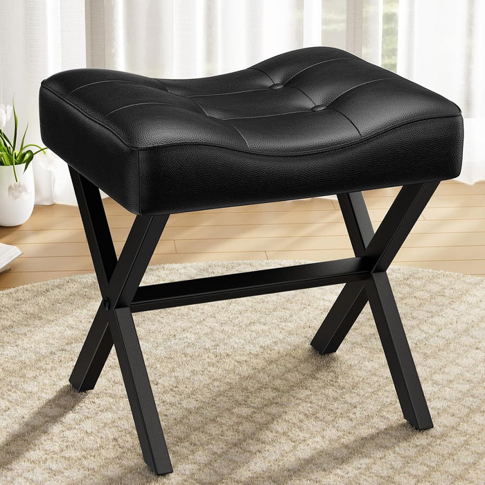 Memobarco 18-Inch Large Leather Vanity Stool Chair, Black Makeup Stool | Vanity Bench, Metal X-Leg, 350 LBS, 20"x16.9"x18", Ottoman Accent Stool, Thick Padded Saddle Seat, For Living Room Bedroom