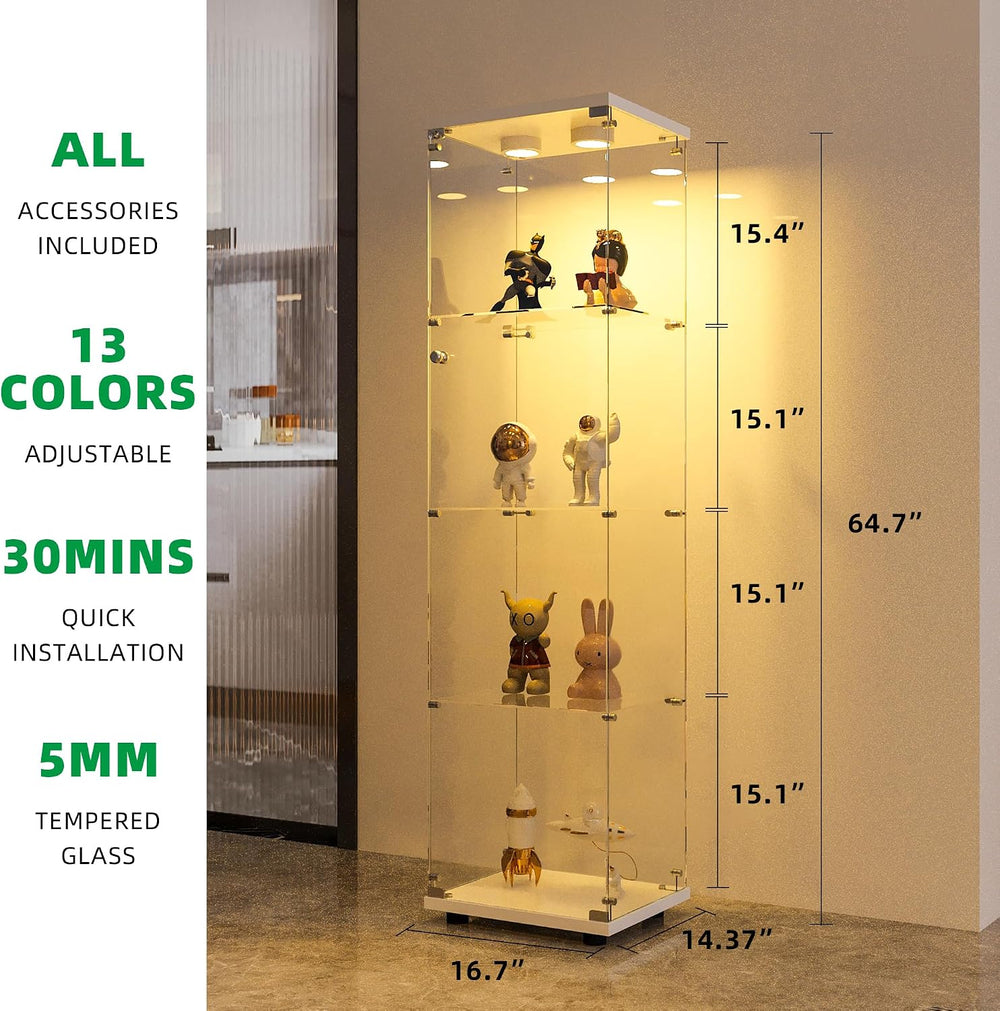 FANYUSHOW Display Cabinet with Glass Door and LED Light, 4-Tier Tempered Glas...