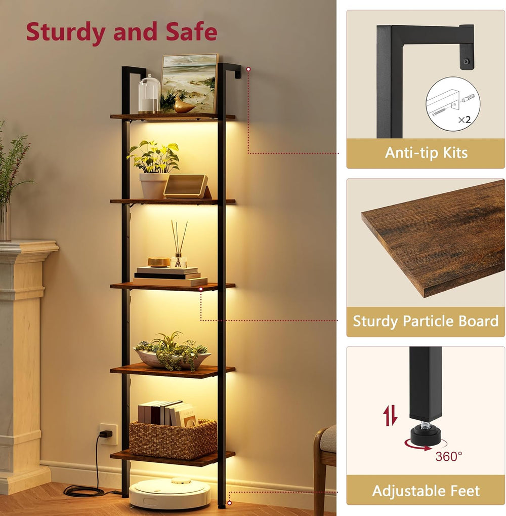Tajsoon 5 Tier Ladder Bookshelf with Light, Wall Ladder Shelf Rustic Brown