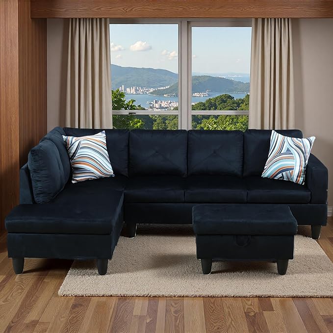 Sectional Couches for Living Room with Movable Chaise & Storage Ottoman - 97.5" Velvet L Shaped Couches for Living Room Apartment, 4 Seat Home Furniture Modular Sectional Sofas, Black Blue