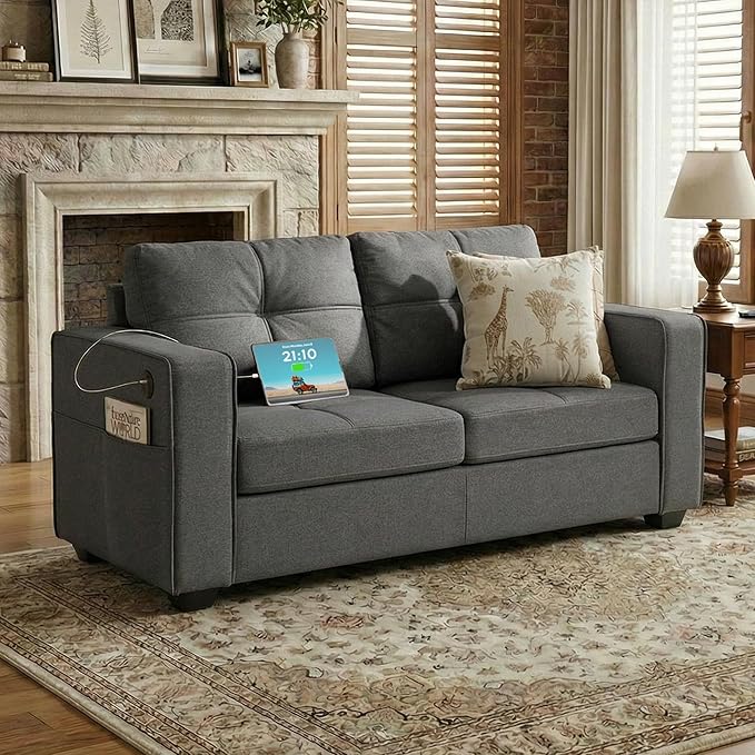 TYBOATLE 65" Small Couches for Bedroom, Mid-Century Modern Tufted Comfy Loveseat w/USB Charging Ports and Wide Arms, 2 Seater Office Small Sofa for Dorm, Apartment, Grey