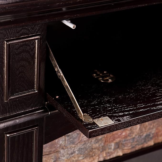 SEI Furniture Grantham Faux Stone Corner Electric Fireplace with Hidden Media Shelf, New Ebony
