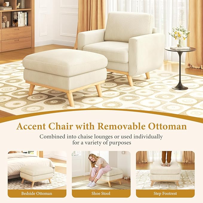Vesgantti 38.5" Accent Chair with Movable Ottoman, Comfy Corduroy Armchair with Spring Cushion, Reading Chair with Ottoman, Modern Single Sofa for Living Room, Bedroom and Apartment, Beige