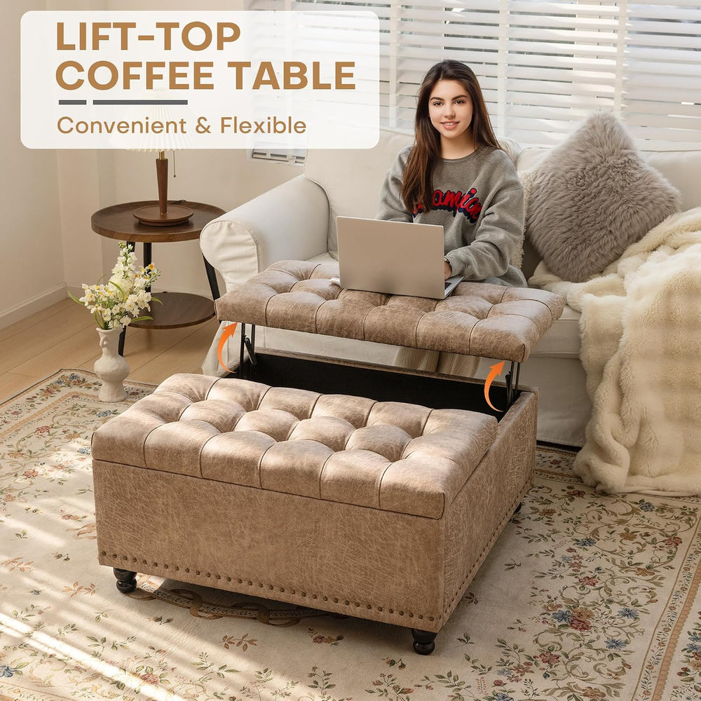 Redlife 35 Inch Large Square Storage Ottoman, Coffee Table Ottoman, Faux | Li...