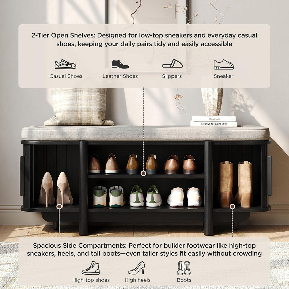 Maupvit Entryway Shoe Storage Bench with Sliding Doors, 2-Tier Upholstered Sh...