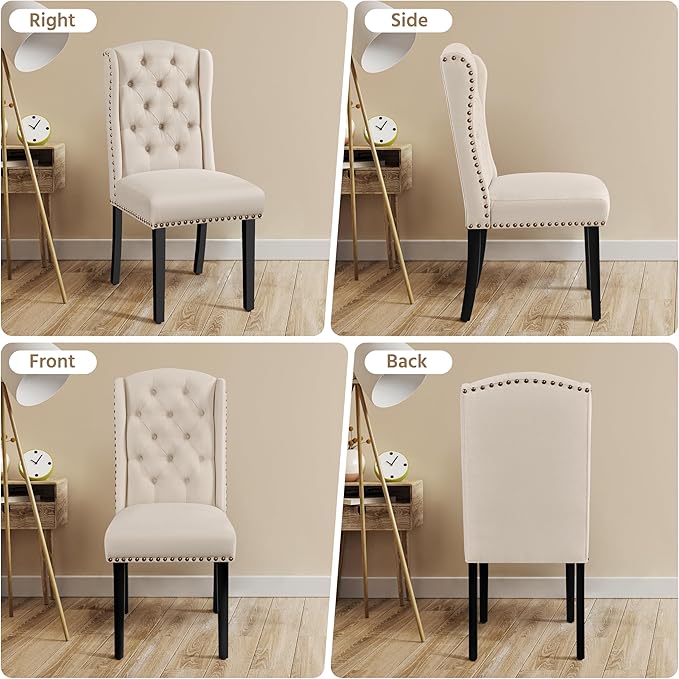 Yaheetech Upholstered Dining Chairs Set of 4 Button Tufted Kitchen Chairs with Solid Wood Legs and Nailhead Trims for Dining Room, Living Room, Restaurant, Beige