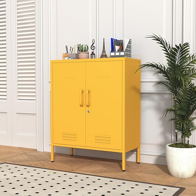 Wide Multipurpose Metal Storage Cabinet with Lockable Design & 2 Adjustable Partitions, Thickened Steel & Sturdy Construction for Home, Living Room & Office Yellow 33" H X 29.5" W X 13.8" D