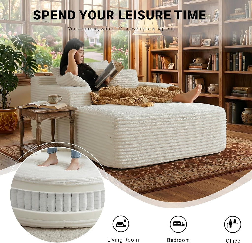 50" Chaise Lounge Chair Indoor, Oversized Boneless Cloud Couch Chair with 3 Pillows, Deep Seat Sleeper Chairs, Reading Chair for Living Room, Bed Room, No Assembly Required, Beige