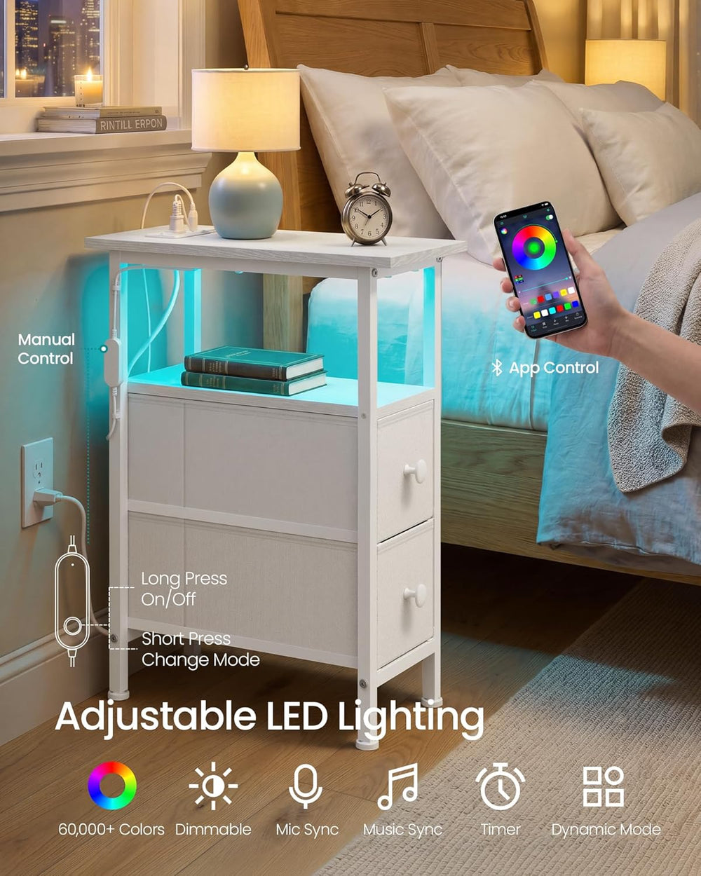 SONGMICS Side Table with LED Light, Narrow End Table with 2 Fabric Drawers