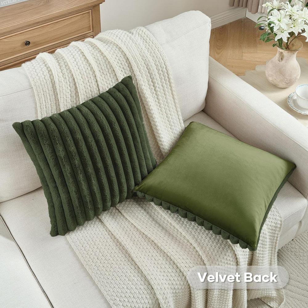 FUTEI Pack of 2 Faux Fur Throw Pillow Covers 28x28 Inch, Olive Green